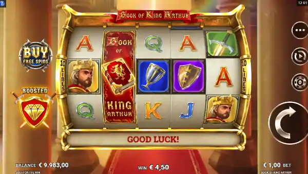 Book of King Arthur base game screenshot showing reels and features