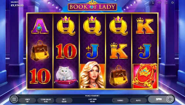 Book of Lady base game screenshot showing reels and features