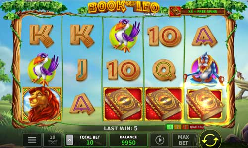 Book of Leo Quattro base game screenshot showing reels and features
