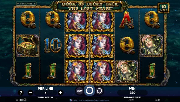 Book of Lucky Jack The Lost Pearl base game screenshot showing reels and features