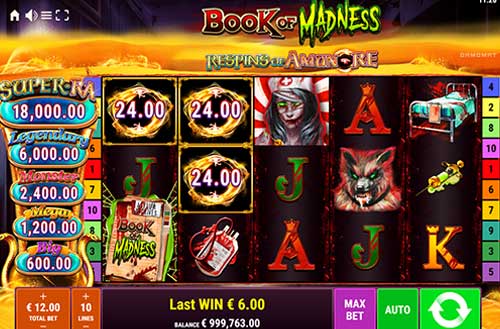 Book of Madness Respins of AmunRe base game screenshot showing reels and features