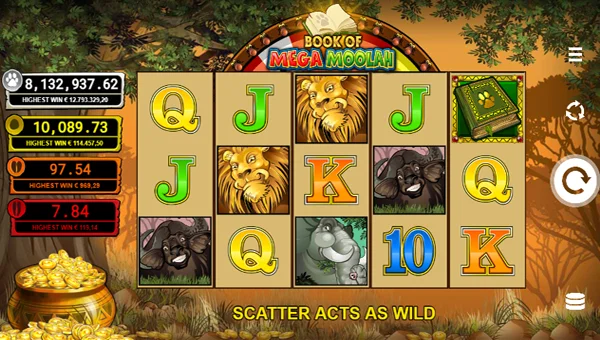 Book of Mega Moolah base game screenshot showing reels and features