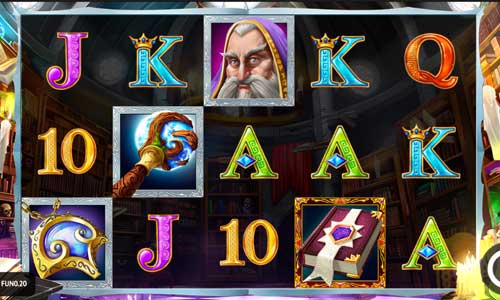Book of Merlin base game screenshot showing reels and features
