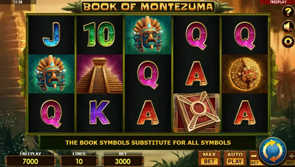 Book of Montezuma base game screenshot showing reels and features