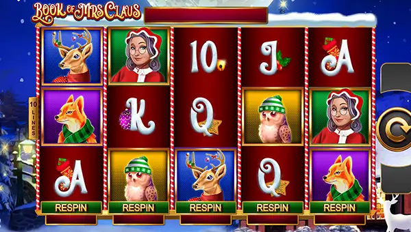Book of Mrs Claus base game screenshot showing reels and features