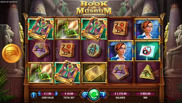 Book of Museum base game screenshot showing reels and features