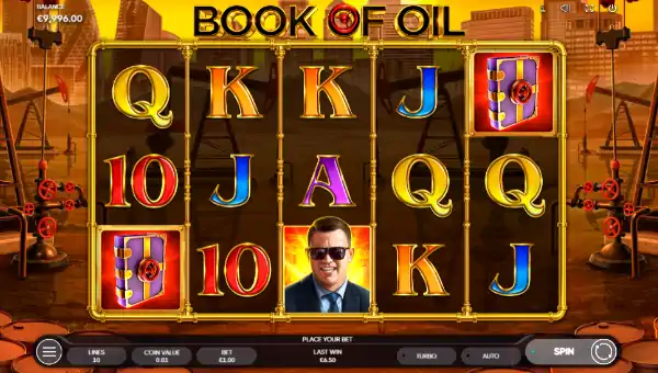 Book of Oil base game screenshot showing reels and features