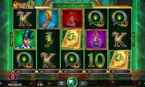 Book of Oz Lock N Spin base game screenshot showing reels and features