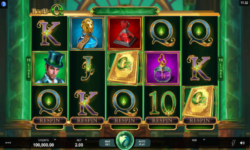 Book of Oz base game screenshot showing reels and features