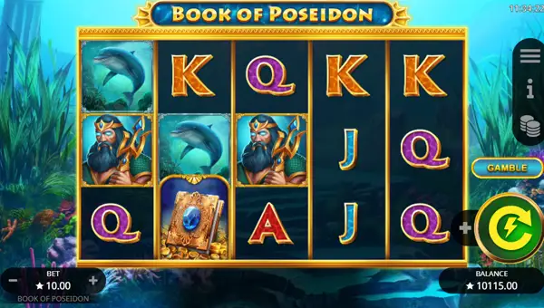 Book of Poseidon base game screenshot showing reels and features