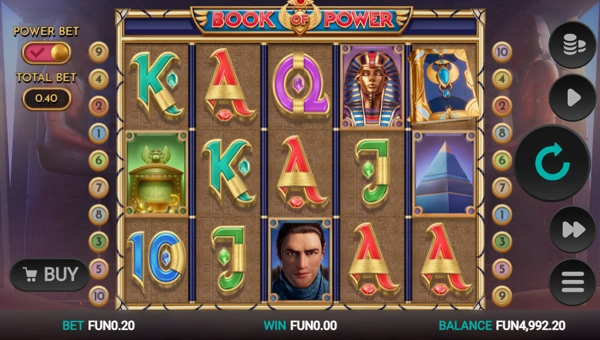 Book of Power base game screenshot showing reels and features