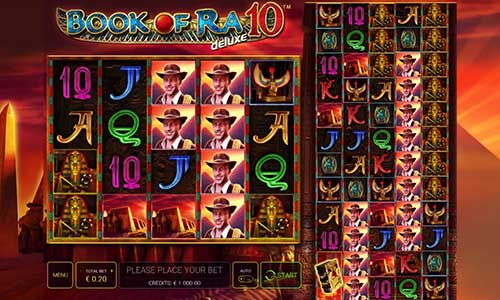 Book of Ra Deluxe 10 base game screenshot showing reels and features