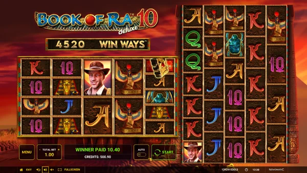 Book of Ra Deluxe 10 Win Ways base game screenshot showing reels and features