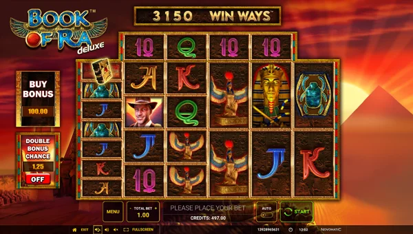 Book of Ra Deluxe Win Ways base game screenshot showing reels and features