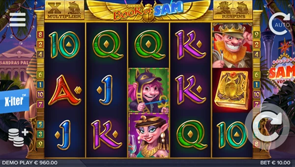 Book of Sam base game screenshot showing reels and features