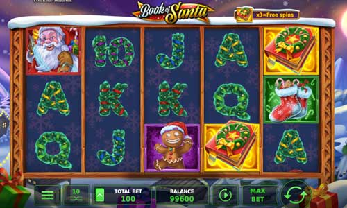 Book of Santa base game screenshot showing reels and features