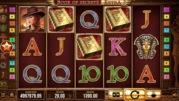 Book of Secrets Extra base game screenshot showing reels and features