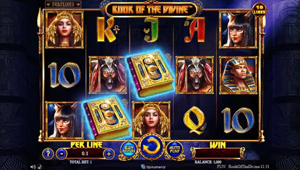 Book of the Divine base game screenshot showing reels and features