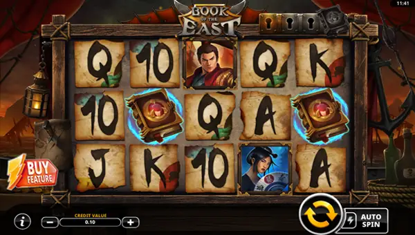 Book of the East base game screenshot showing reels and features
