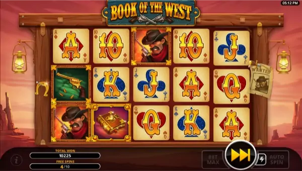 Book of the west base game screenshot showing reels and features