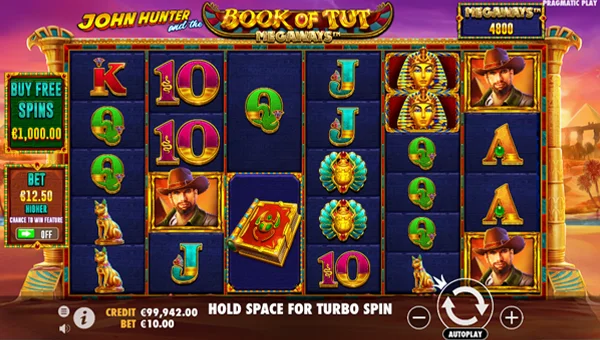 Book of Tut Megaways base game screenshot showing reels and features