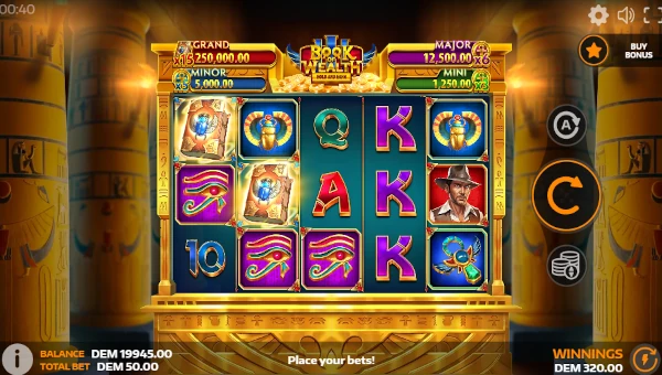 Book of Wealth 3 base game screenshot showing reels and features
