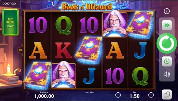 Book of Wizard Double Chance base game screenshot showing reels and features