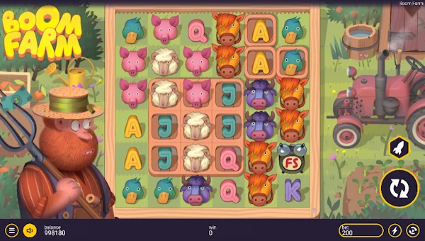 Boom Farm base game screenshot showing reels and features