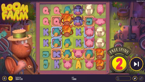Screenshot of Boom Farm slot demo showing reels and bonus game features