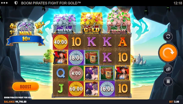 Boom Pirates Fight for Gold base game screenshot showing reels and features