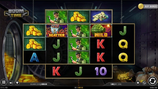 Boom Time base game screenshot showing reels and features