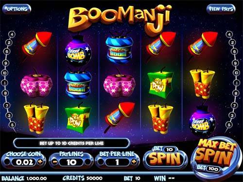 Boomanji base game screenshot showing reels and features