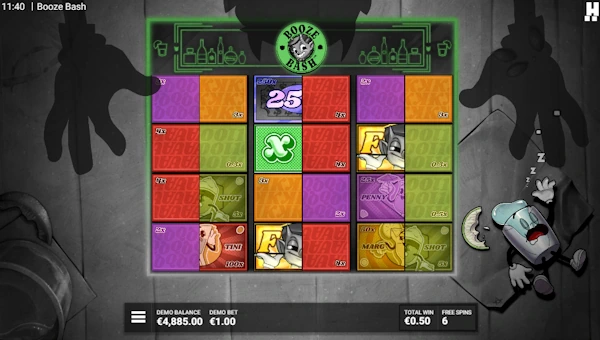Screenshot of Booze Bash slot demo showing reels and bonus game features