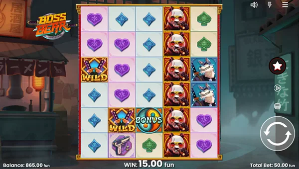 Boss Bear base game screenshot showing reels and features