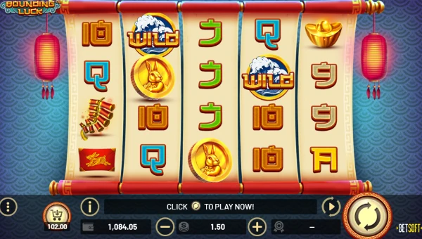 Bounding Luck base game screenshot showing reels and features
