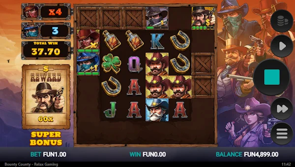 Screenshot of Bounty County slot demo showing reels and bonus game features