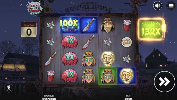 Screenshot of Brainwashed slot demo showing reels and bonus game features