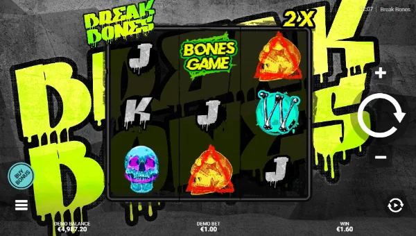 Break Bones base game screenshot showing reels and features