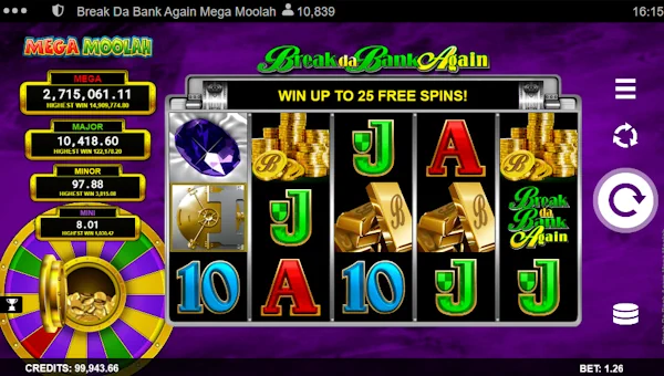 Break Da Bank Again Mega Moolah base game screenshot showing reels and features
