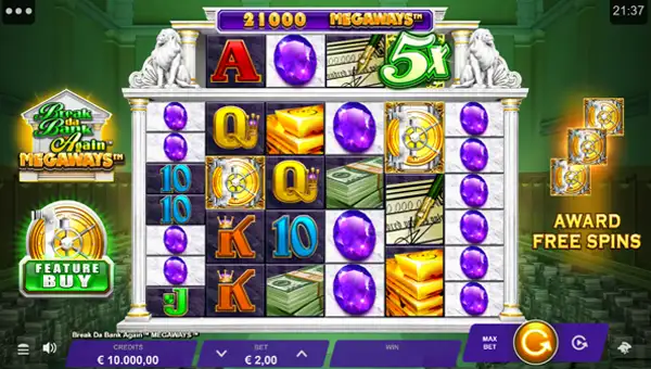 Break Da Bank Again Megaways base game screenshot showing reels and features