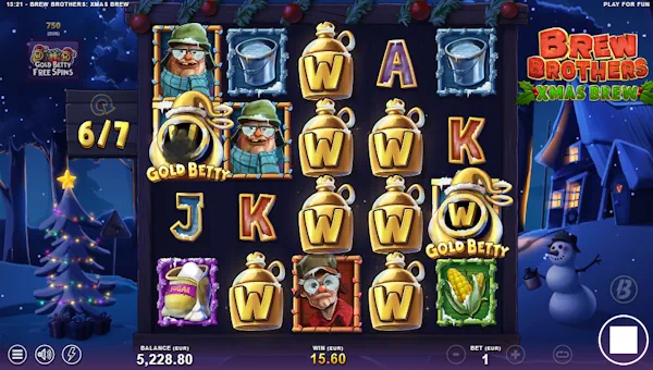 Screenshot of Brew Brothers Xmas Brew slot demo showing reels and bonus game features