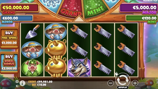 Brick House Bonanza base game screenshot showing reels and features
