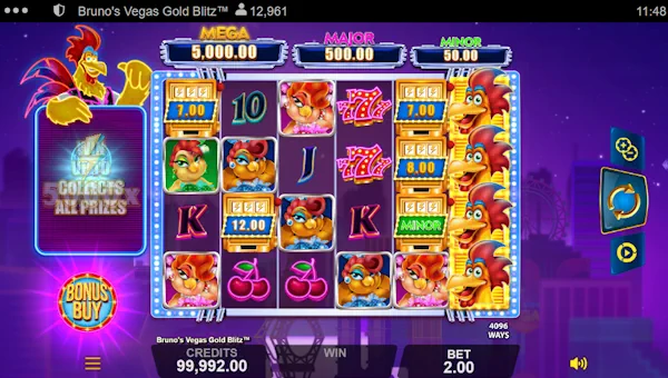 Brunos Vegas Gold Blitz base game screenshot showing reels and features