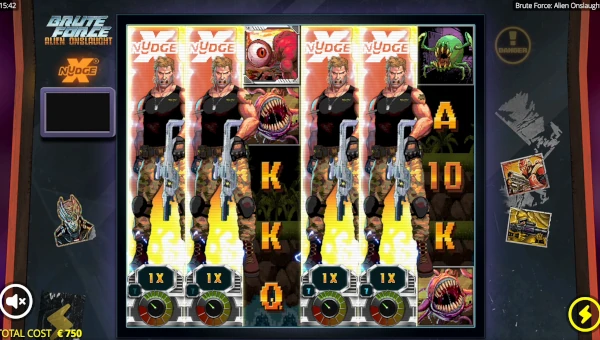 Brute Force Alien Onslaught base game screenshot showing reels and features