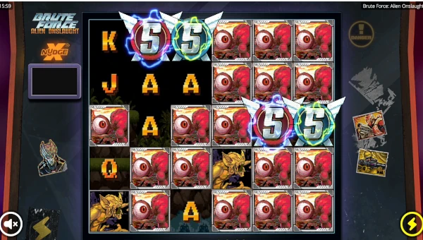 Screenshot of Brute Force Alien Onslaught slot demo showing reels and bonus game features