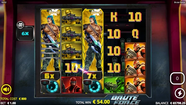 Screenshot of Brute Force slot demo showing reels and bonus game features