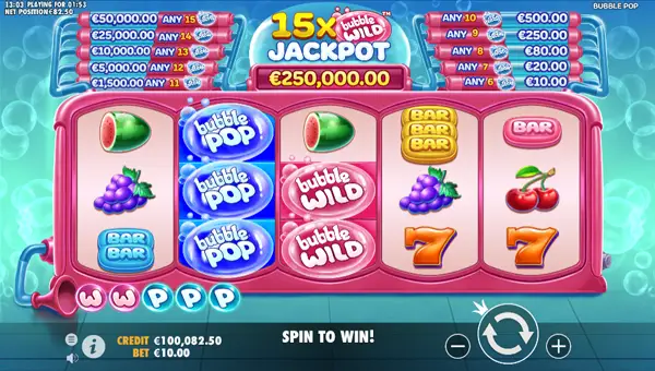 Bubble Pop base game screenshot showing reels and features