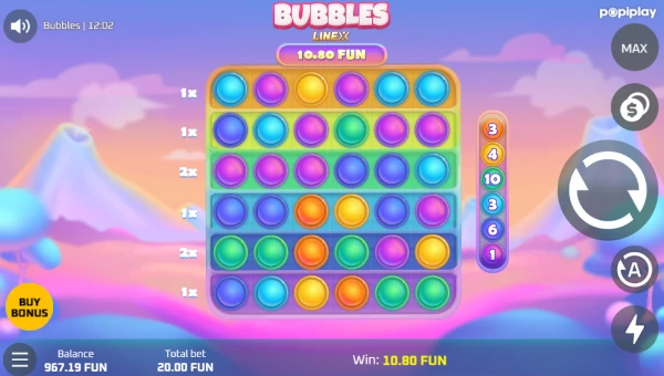 Bubbles base game screenshot showing reels and features