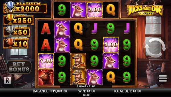 Bucks and Doe 10K Ways base game screenshot showing reels and features