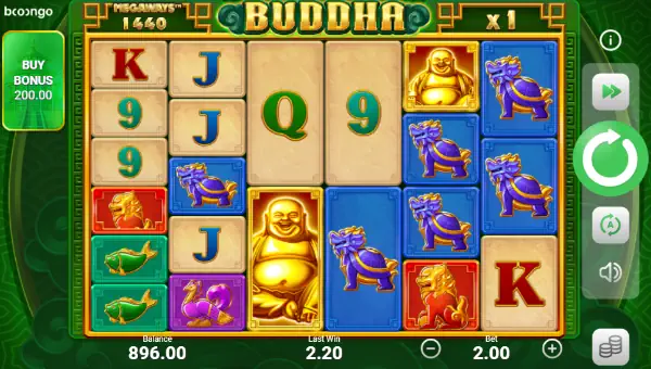 Buddha Megaways base game screenshot showing reels and features